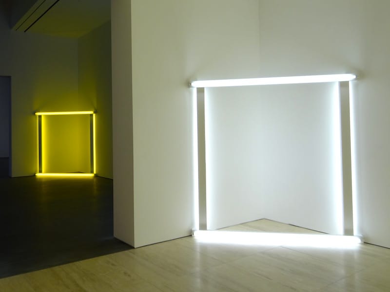 Untitled Dan Flavin light sculptures from 1966–71 (photo by the author for Hyperallergic)