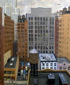 Rudy Burckhardt, "38th Street South" (1987), oil on linen, 38 x 32 inches