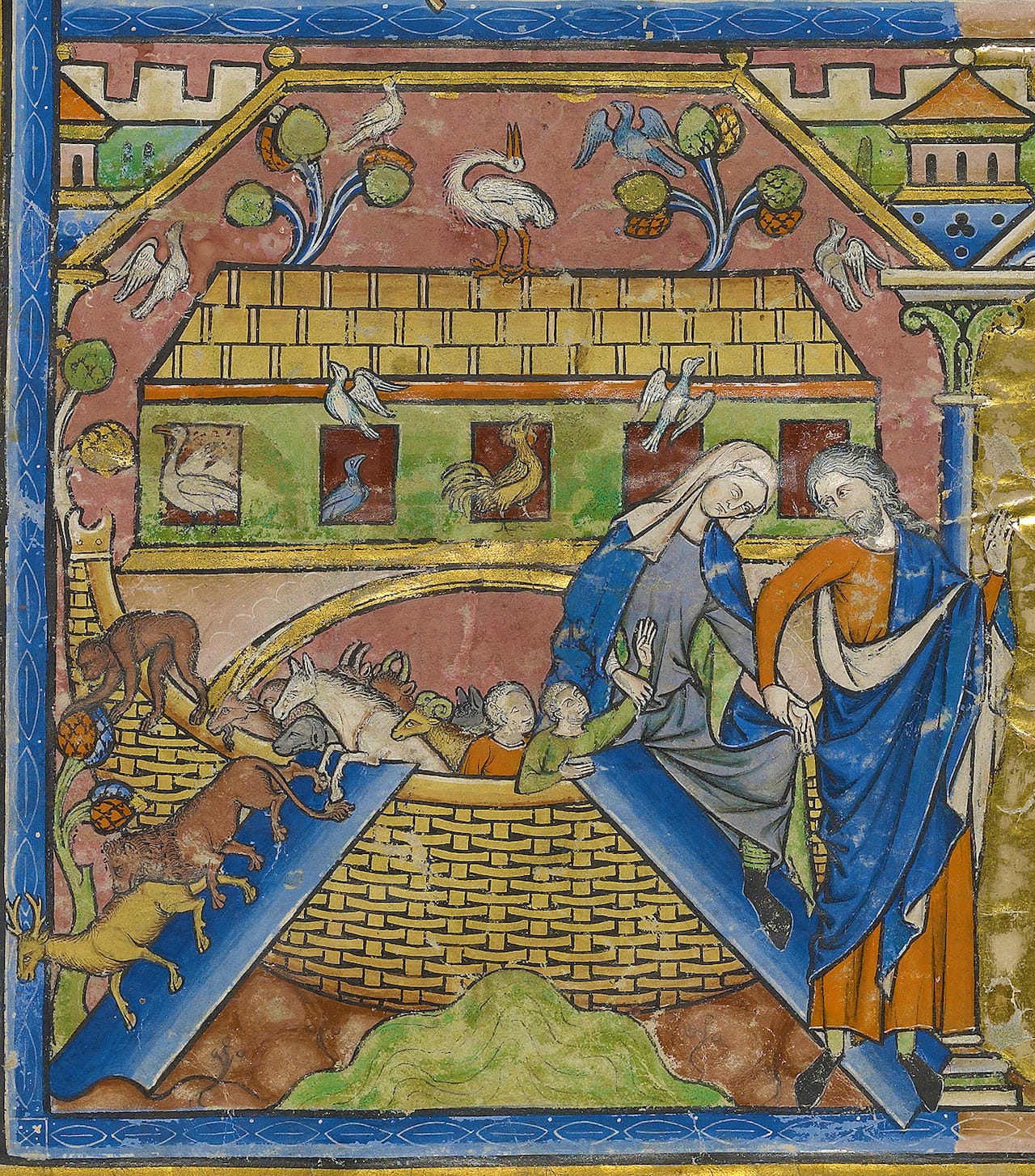 A joyous landing for Noah’s ark. ￼ , The Crusader Bible MS M.638, fol. 2v (detail).