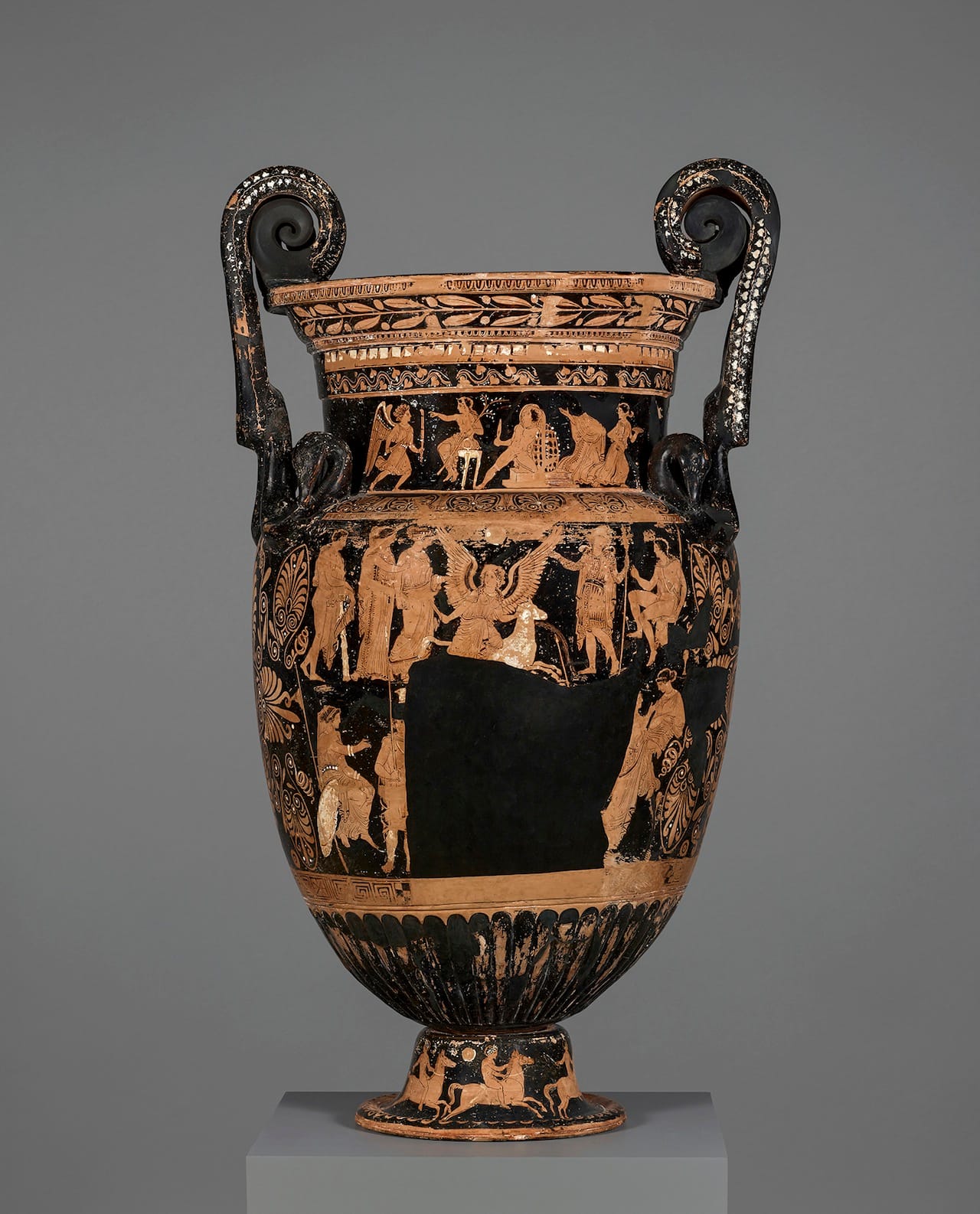 Funerary Vessel with (B) Orestes Seeking Sanctuary at Delphi; Nike Sacrificing a Ram; and a Horse Race; and (A) a Dionysian Scene; a Boar Hunt; and a Horse Race South Italian, from Ceglie del Campo, Apulia, about 350 B.C. Associated with the Iliupersis Painter (South Italian (Apulian), active about 350 B.C.) Terracotta H: 44 1/8 x 22 x 19 1/2 in. Antikensammlung, Staatliche Museen zu Berlin VL.2008.5