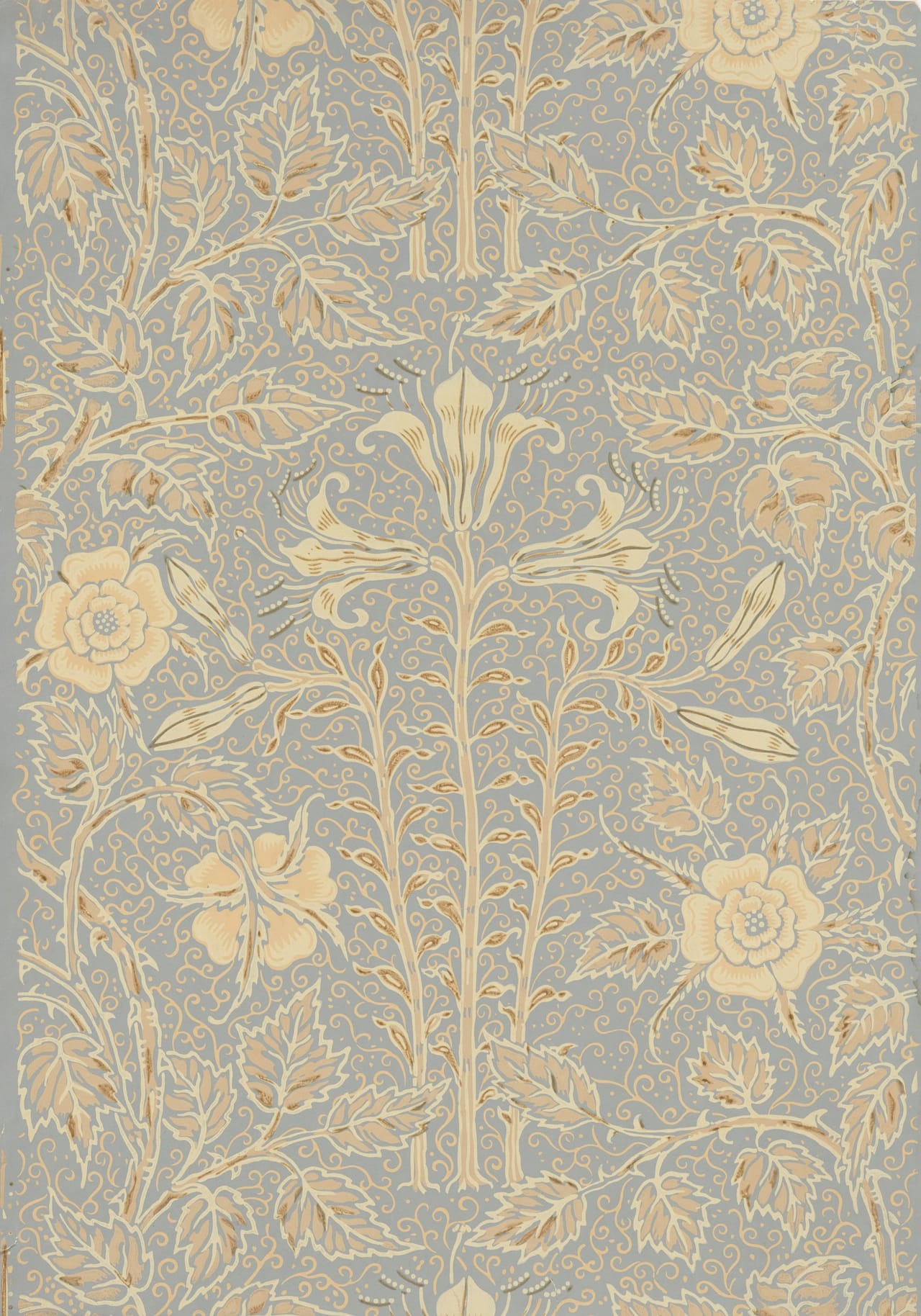 Lilies and roses adorn this wallpaper, designed in 1894 by Walter Crane and machine printed by Jeffrey & Co. 