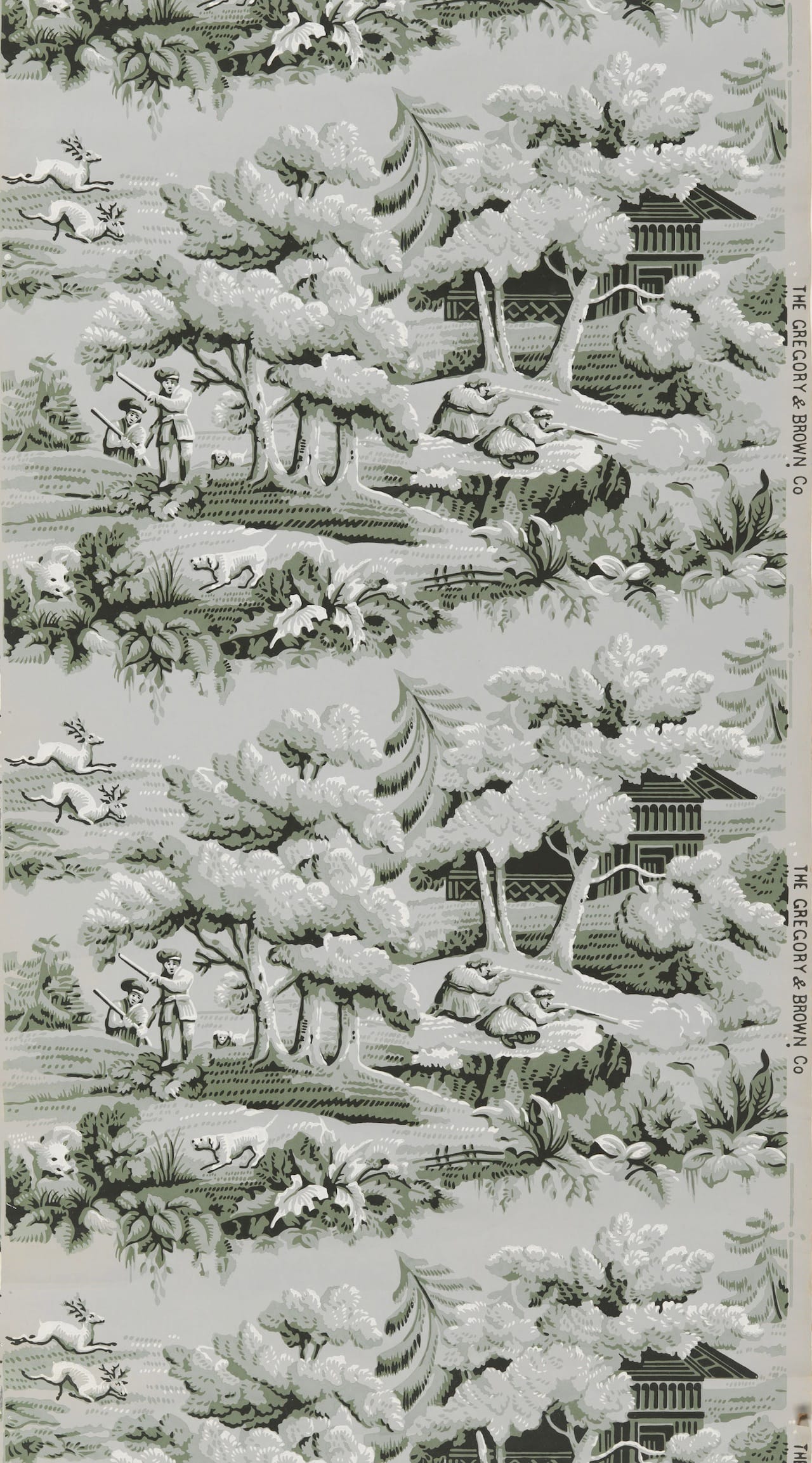 Four partial wallpaper rolls. Repeating vignettes of a stag and boar hunt in a forest. An ornate cabin is nestled among pine trees. Printed in two greens, black and white.