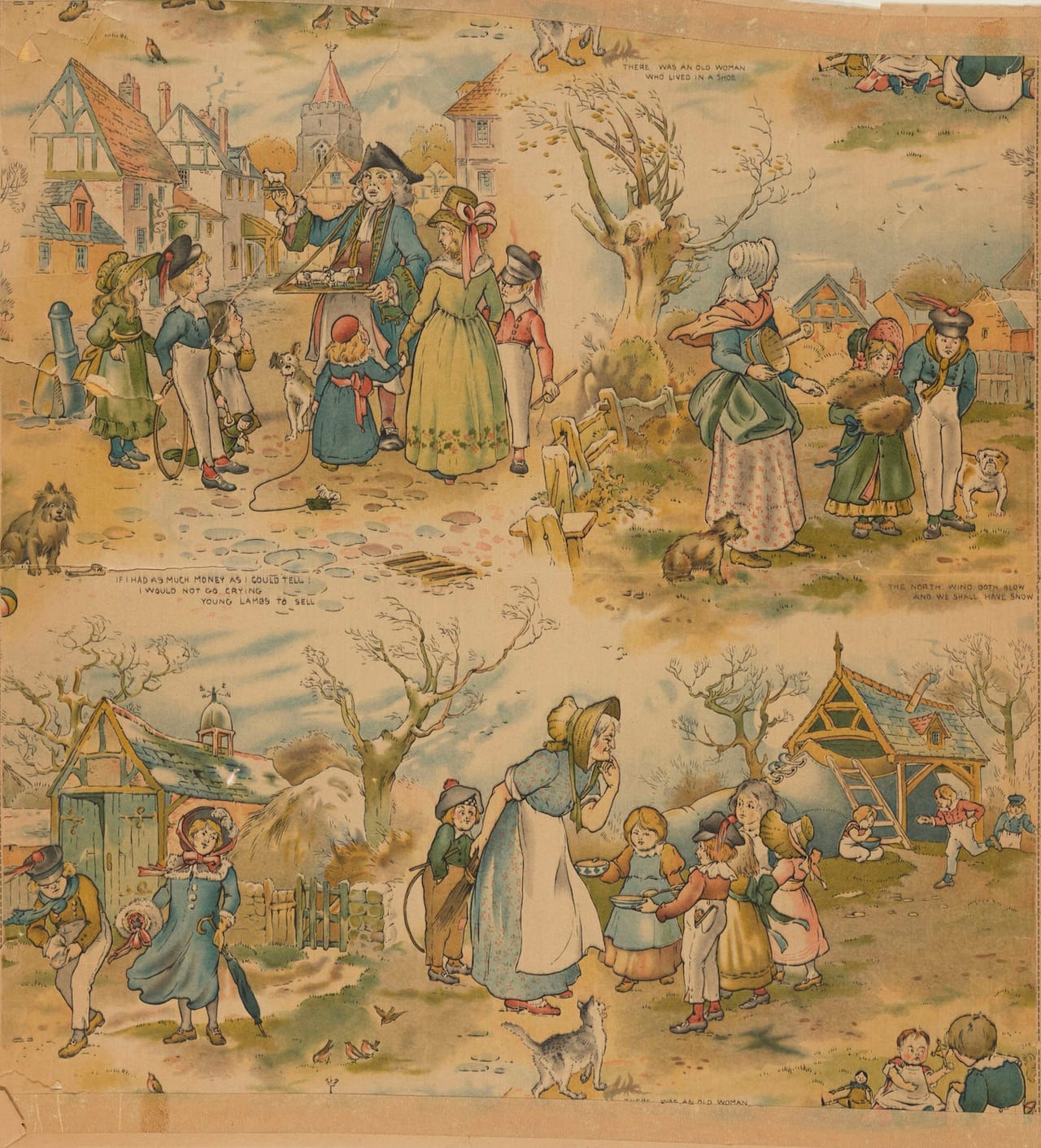 Unused fragment of sanitary wallpaper depicting nursery rhymes including "The Old Woman Who Lived in a Shoe." Engraved roller-print with oil colors on light tan ground. 