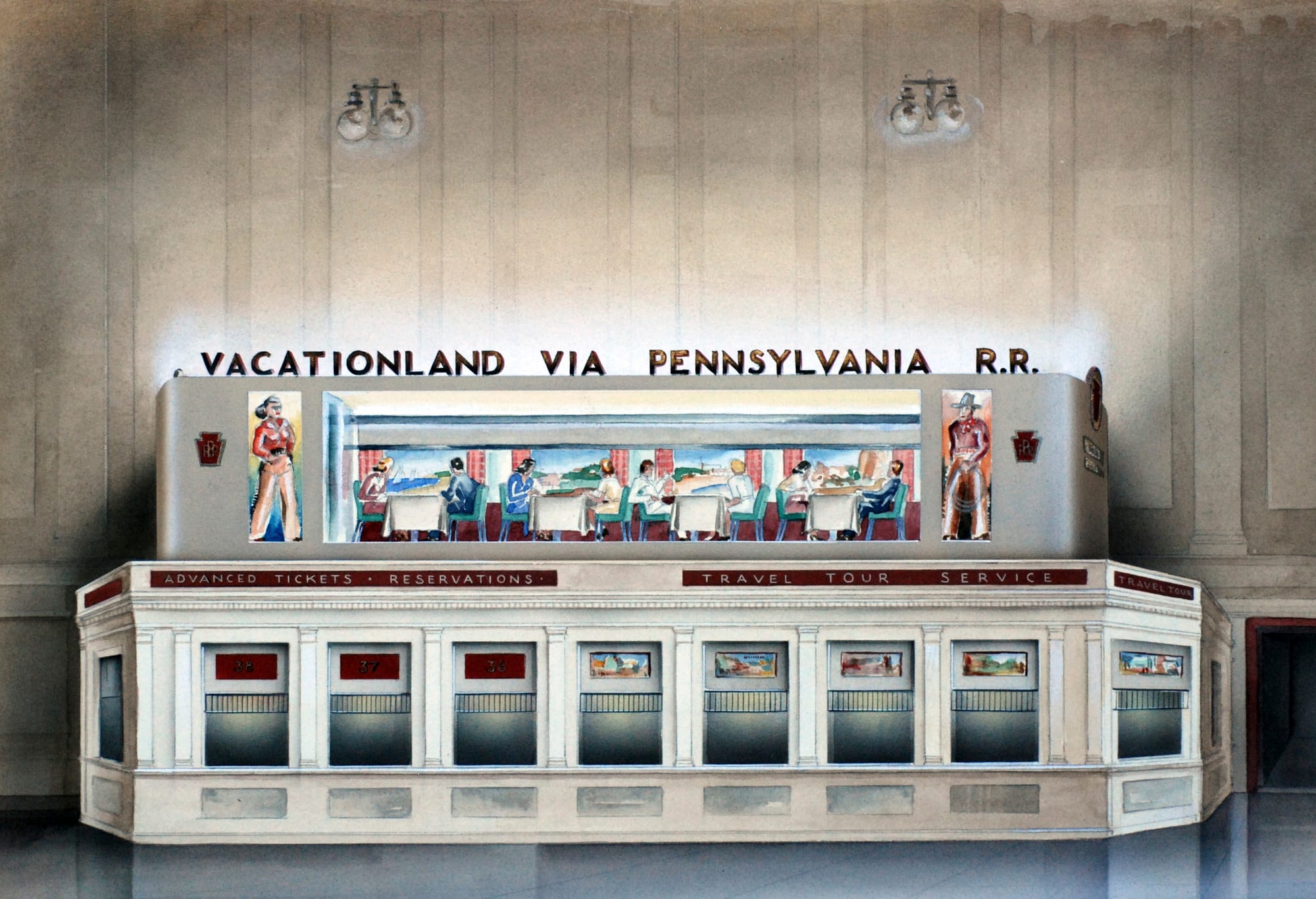 Vacationland via Pennsylvania R.R., Raymond Loewy (American, born in France, 1893–1986), (c. 1939), Graphite, opaque and transparent watercolor with metallic paint, Jean S. and Frederic A. Sharf Collection, (Photo by Mark Wallison, courtesy of the Museum of Fine Arts, Boston)