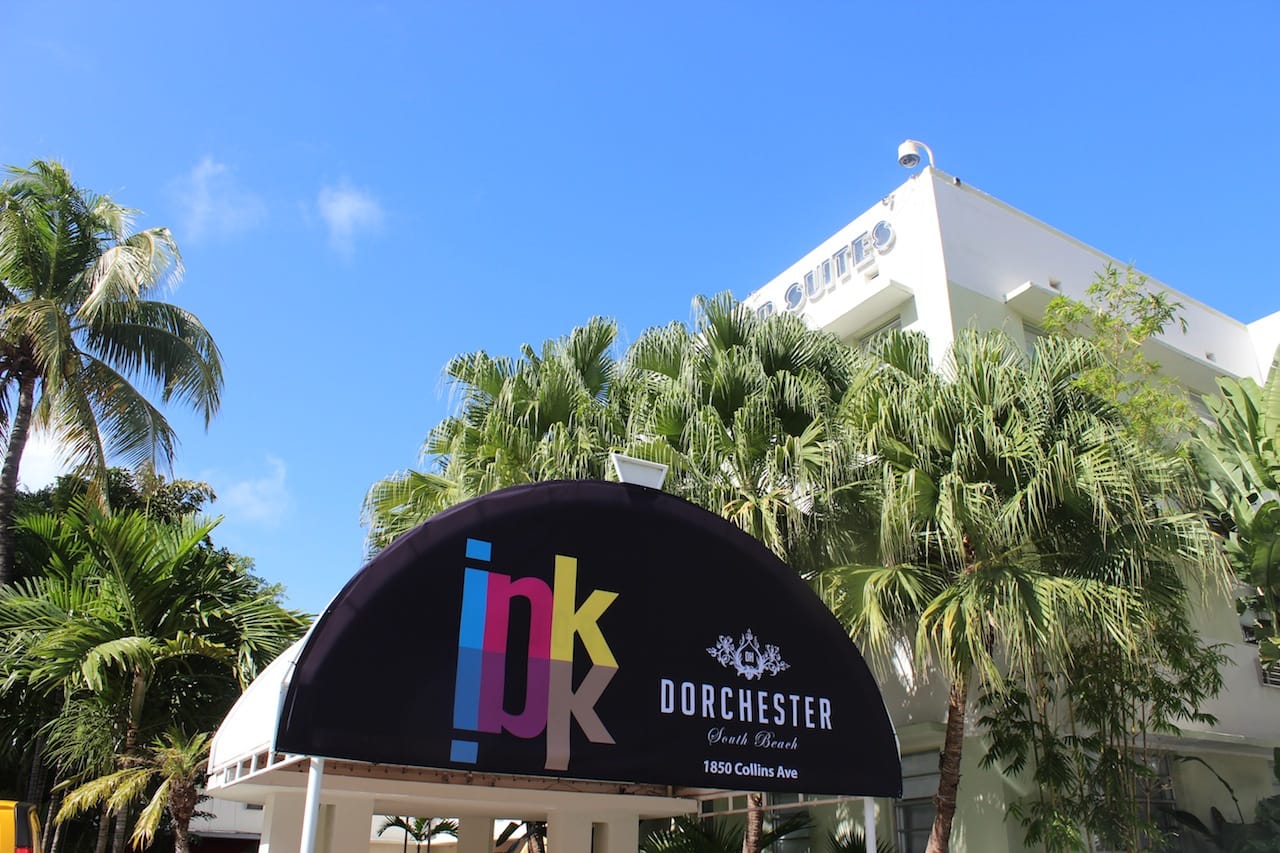 Exterior of Ink Miami Art Fair at the Suites of Dorchester (all photos by the author for Hyperallergic)