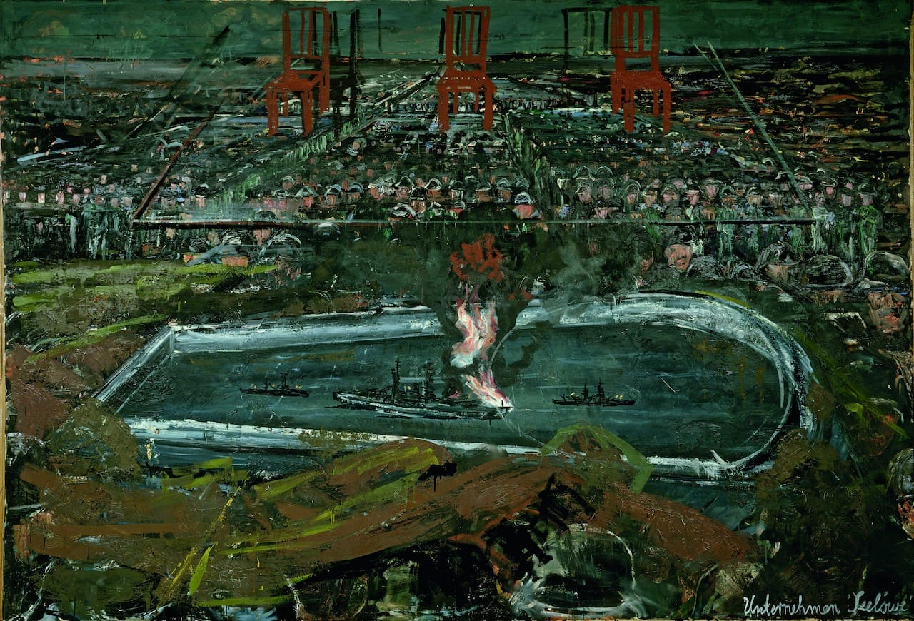 Anselm Kiefer, "Operation Sea Lion (Unternehmen Seelowe)" (1975), oil on canvas, 220 x 300 cm, Collection of Irma and Norman Braman Miami Beach, Florida (photo collection of Irma and Norman Braman, Miami Beach, Florida / © Anselm Kiefer) 