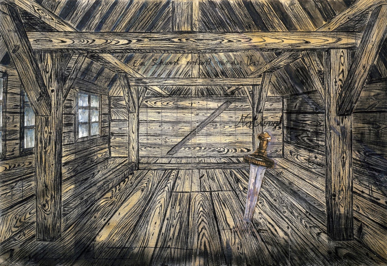 Anselm Kiefer, "Nothung" (1973), charcoal and oil on burlap with inserted charcoal drawing on cardboard, 300.5 x 435.5 x 4 cm, Museum Boijmans Van Beuningen, Rotterdam (photo by Studio Tromp, Rotterdam / © Anselm Kiefer, courtesy Museum Boijmans Van Beuningen, Rotterdam) (click to enlarge) 