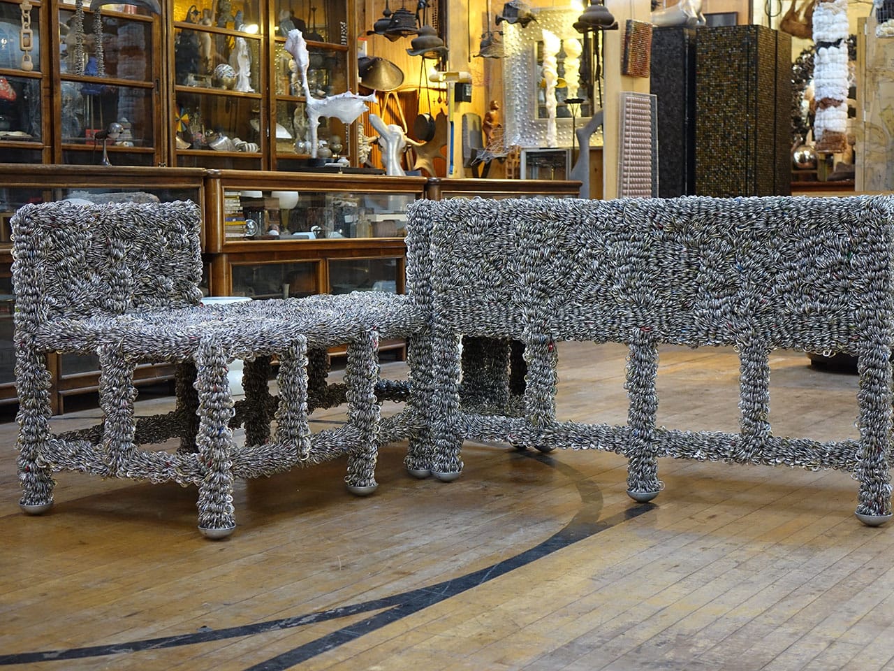 Clare Graham, Pop Top Love Seat and Pop Top Tete-a-tete sofa, pop-tops over rebar frame (2011) (photo by Kim Kralj, courtesy CAFAM) 