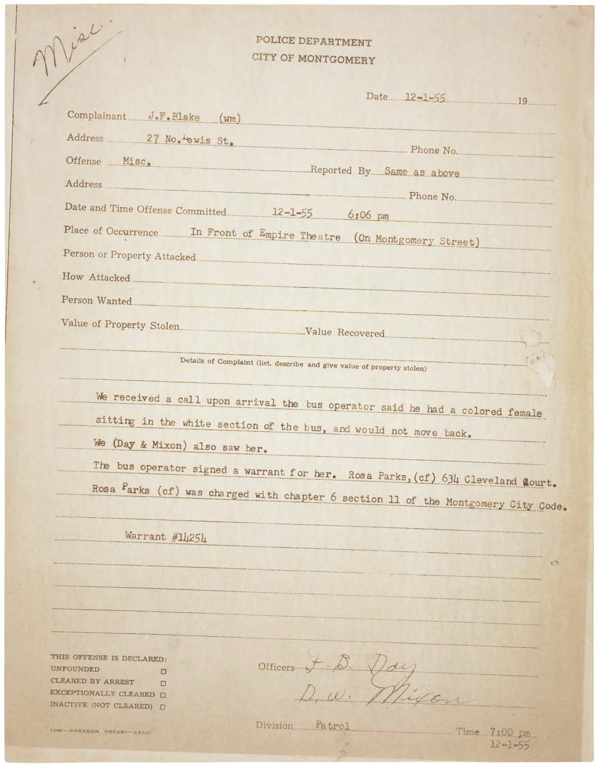 Police report of Parks’s arrest, December 1, 1955, page 1