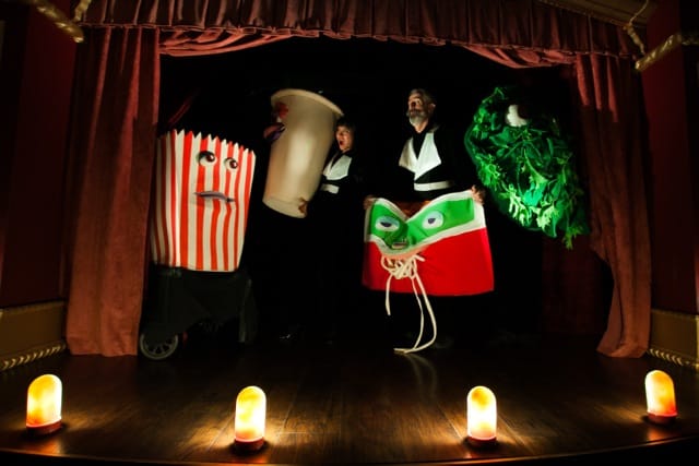 Jasmine Orpilla (The Vital Organ I, left) and Philip Littell (The Star, right) play with Donkey, LoPhat, Starvation and Salad Bar. Puppeteers: Drew Thataussie and Chelsea Rector. Puppets created by Patrick Ballard. (all images courtesy Asher Hartman)