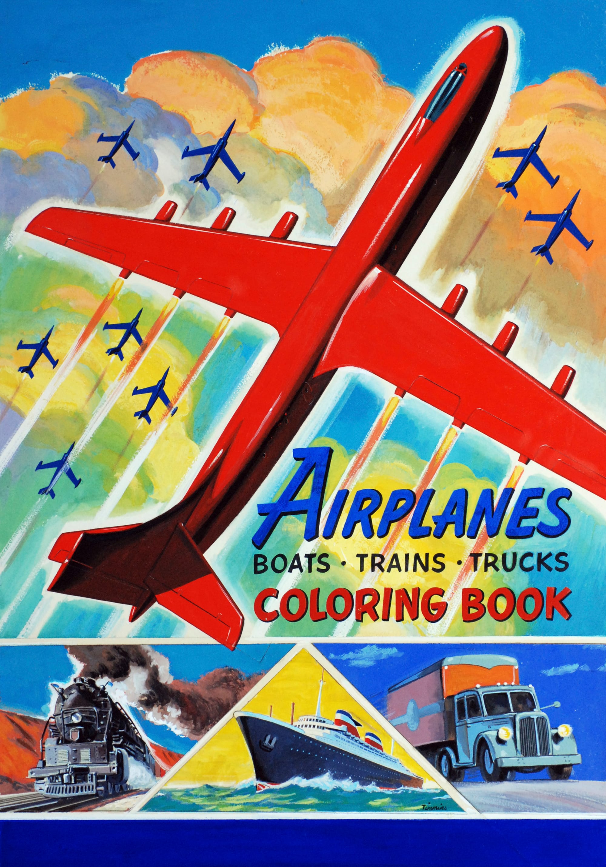 Cover illustration for Airplanes, Boats, Trains, Trucks Coloring Book, William F. Timmins (American, 1915–1985), For The Merrill Company Publishers (1950) Graphite, ink, opaque watercolor, Jean S. and Frederic A. Sharf Collection (Photo by Mark Wallison, courtesy of the Museum of Fine Arts, Boston)