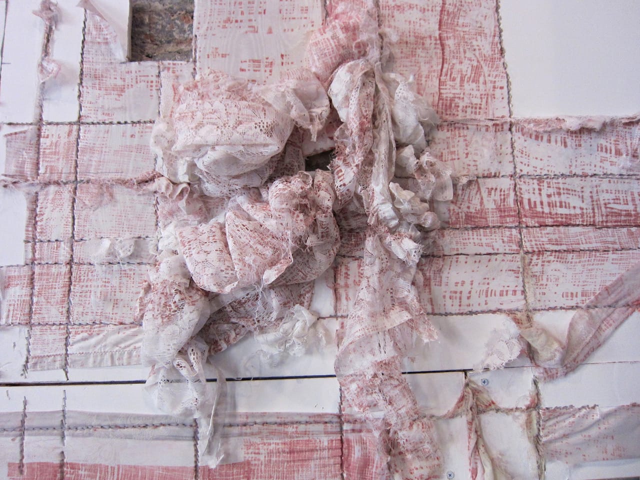 Elana Herzog, “Valence” (Installation Detail), 2014, Fabric, wood, drywall, paint, and steel, approx. 17 x 24 x 4 feet