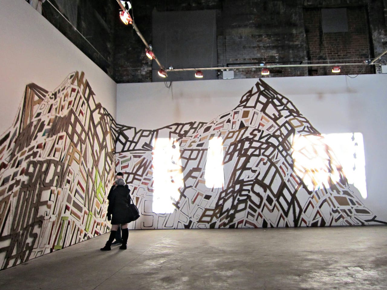 Linda Herritt, “Terra Infirma,” 2014, Fabric, foam, tape, yarn, plastic, and wood, approx. 16 x 50 feet