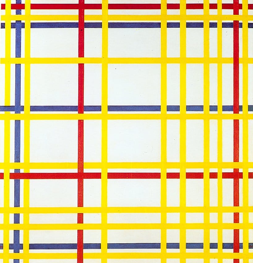 Piet Mondrian, "New York City 1" (1942), oil on canvas (Musée National d'Art Moderne, Centre Georges Pompidou, Paris, France, via WikiArt)