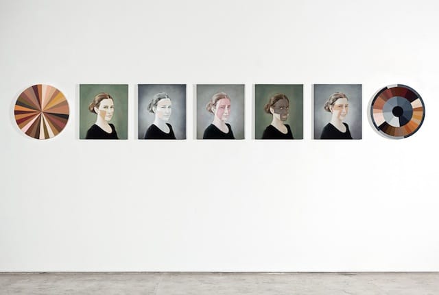 Adriana Varejão's series Polvo, currently on view at ICA Boston, draws its inspiration from a 1976 census. Asked to describe their race in terms of color, citizens gave 136 different answers including “coffee with milk” and “runaway donkey." Varejão created 33 oil colors based on these answers, then had self-portraits made in each color. (Image courtesy of ICA Boston) 