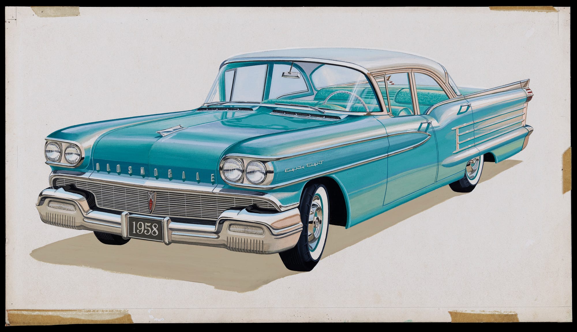 Oldsmobile Dynamic 88 four-door sedan, model year 1958, Unidentified illustrator (c. 1957), Graphite, opaque watercolor, Jean S. and Frederic A. Sharf Collection (Courtesy of the Museum of Fine Arts, Boston)