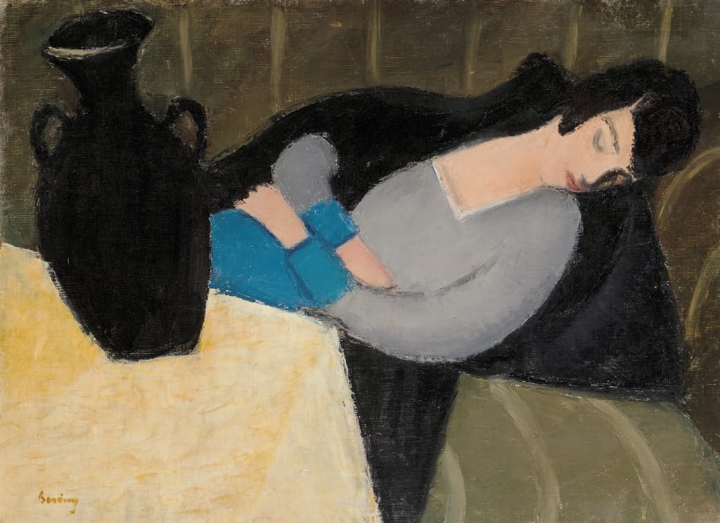 Róbert Berény, "Sleeping Lady with Black Vase" (1927–28), oil on canvas, 64x87 cm (image via viragjuditgaleria.hu)