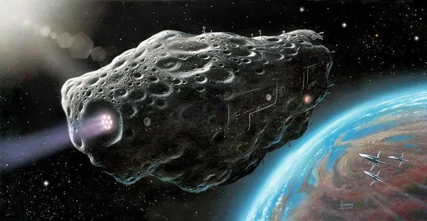 David A. Hardy (Page 179) Harking back to the hollowed-out asteroids of Frank R. Paul and James Cutter (see page 144), David Hardy takes the idea to a new level. Instead of just providing a habitat, the asteroid is an interstellar spacecraft. Here we see it, light-years from home, having arrived finally at a distant earthlike world.
