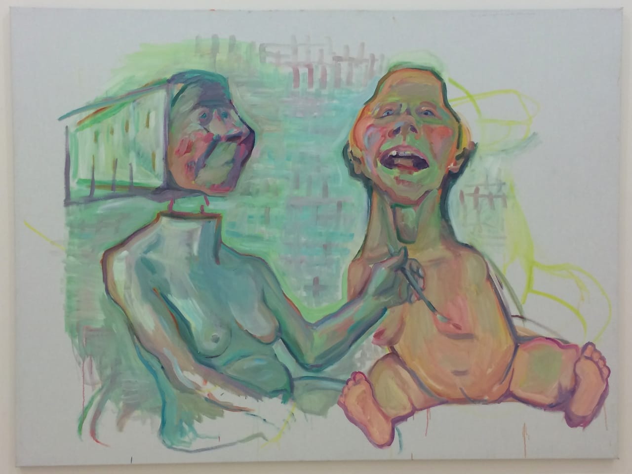 Maria Lassnig, "Eiserne Jungfrau und fleischige Jungfrau" ("Virgin and Fleshy Virgin") (2004) (photo by Benjamin Sutton for Hyperallergic)