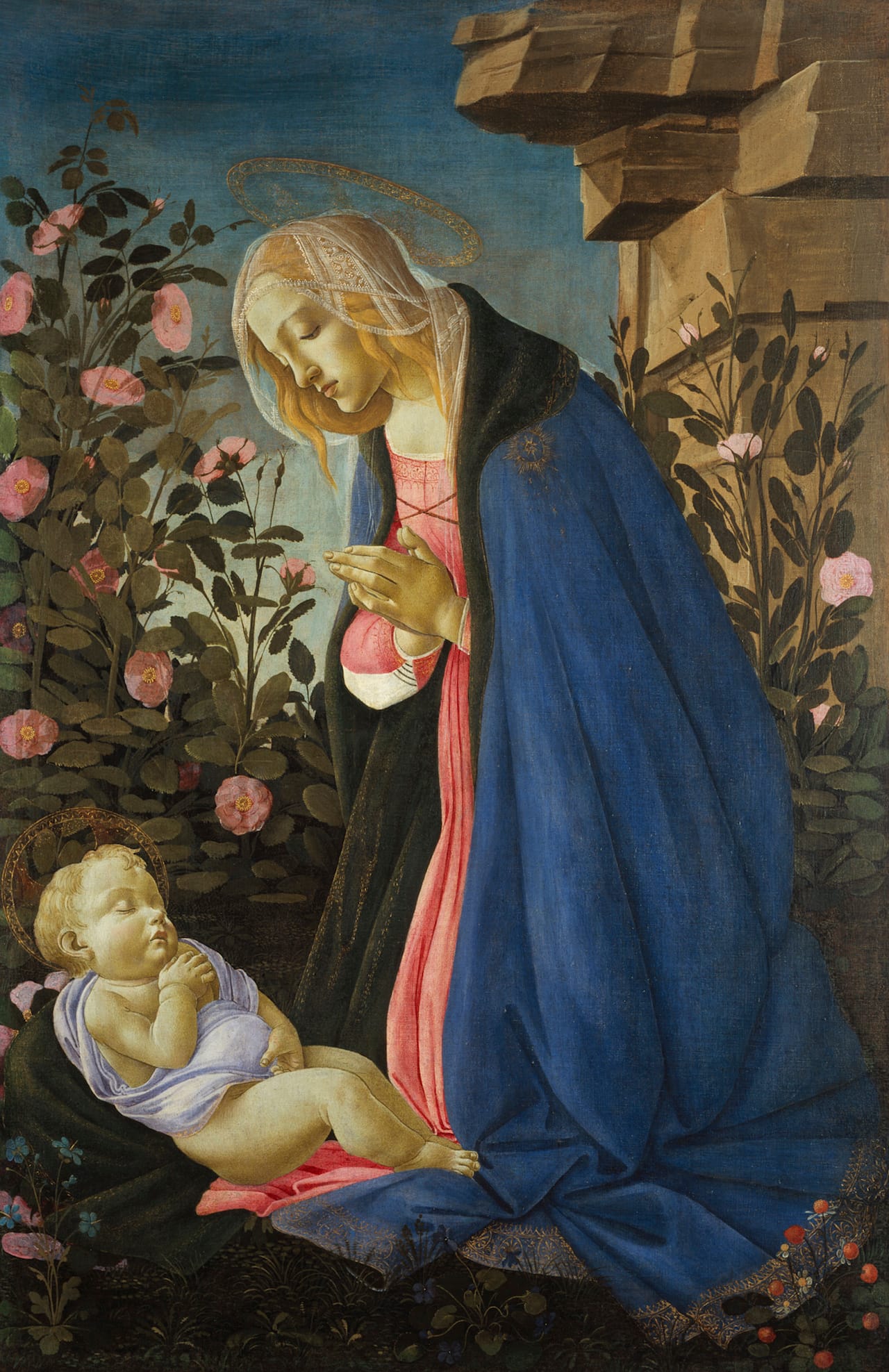 Sandro Botticelli, "The Virgin Adoring the Sleeping Christ Child" (c. 1485), tempera, oil, and gold on canvas (Scottish National Gallery, Edinburgh; © Trustees of the National Galleries of Scotland)