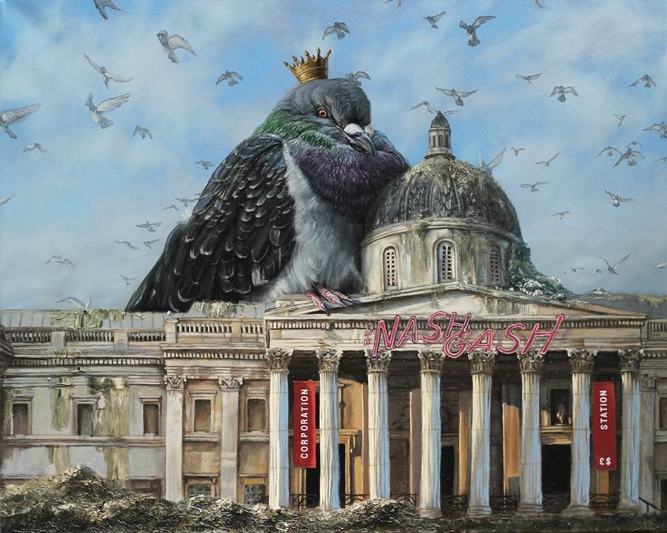 Russell Marks, "Curse of the Pigeon," oil on canvas, part of an exhibition last fall of work by National Gallery staff in protest of privatization (image via Facebook)