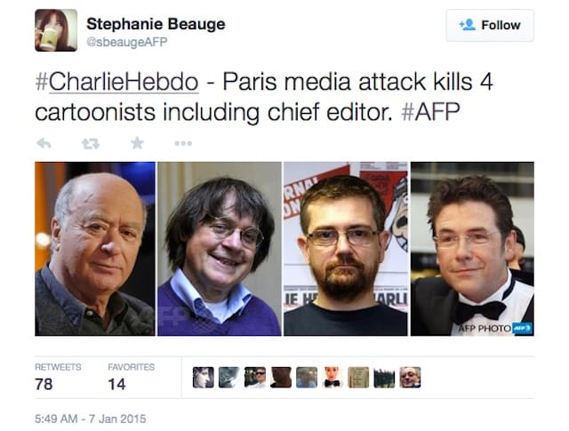 The four cartoonists killed in Wednesday's attack on the Charlie Hebdo office (photo via sbeaugeAFP/Twitter)