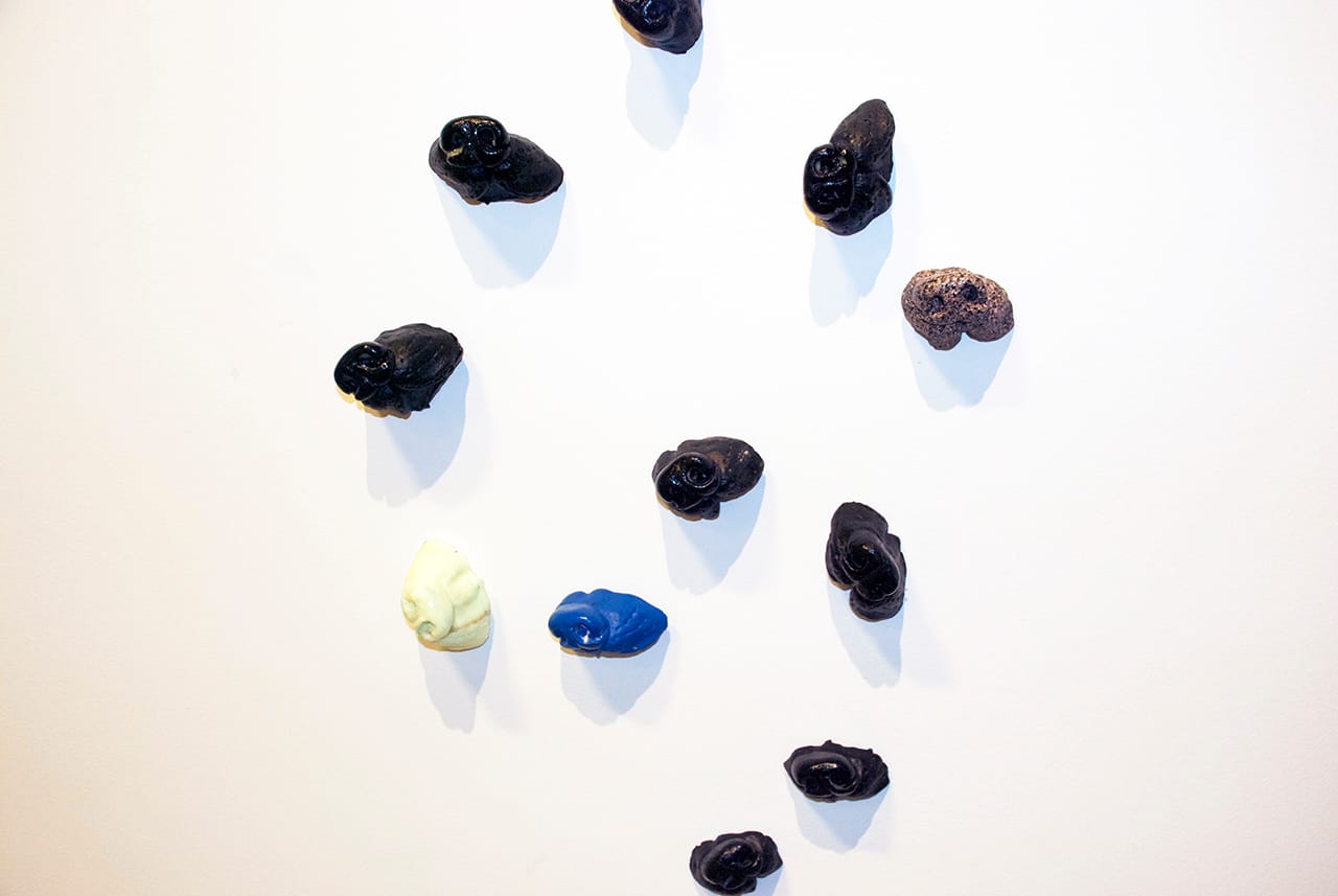 Bradford Kessler, “smells like friends” (2013), plastic casts, my mucus, topical analgesic rub, 2 x 2 x 3 inches each (photo by Andrew Birk) (click to enlarge)
