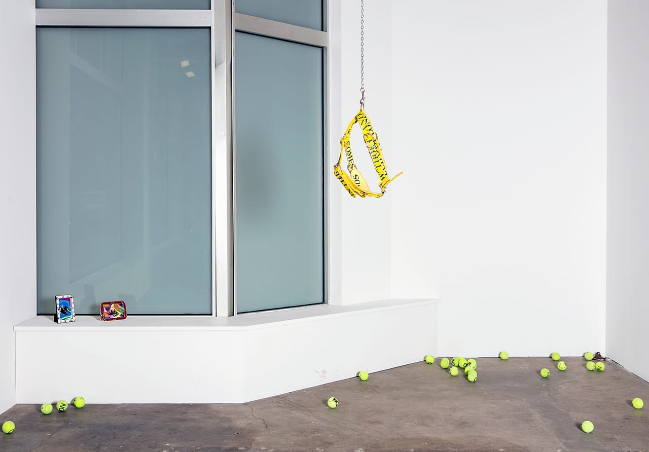 Installation view of Bradford Kessler’s “device for deep drift (bad echo)” (2014), leather dog harness, cast vinyl decals, chain with nylon strap, 72 h. x 30 x 15 in (photo by Sarah Condo)