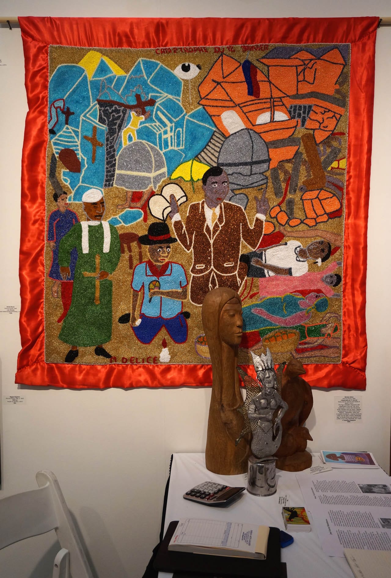 Mireille Delice, "Catastrophe de 12 Janvier" (c. 2010), Vodou banner (sequins and beads on fabric), at Indigo Arts Gallery