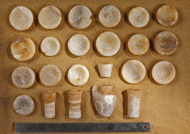 Travertine model vessels,  part of the funerary equipment of Khentkaus III (Image courtesy of Martin Frouz, Archive of the Czech Institute of Egyptology)