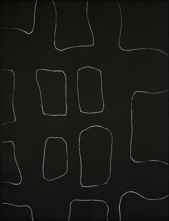 Ian McKeever, "Colour Etching D" (1996): "A book with a digital camera with a few inside of it or I think there is a cell phone holder in front of it. I’m reminded of several different cell phones on a white surface."