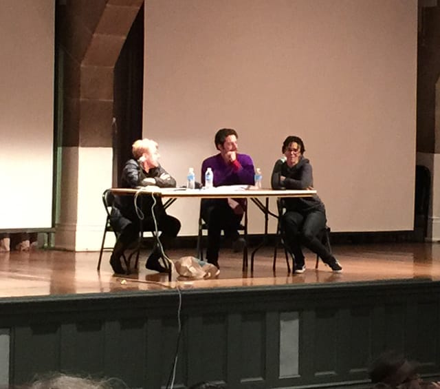 Left to right, Martha Rosler, Noah Fischer, and Coco Fusco.