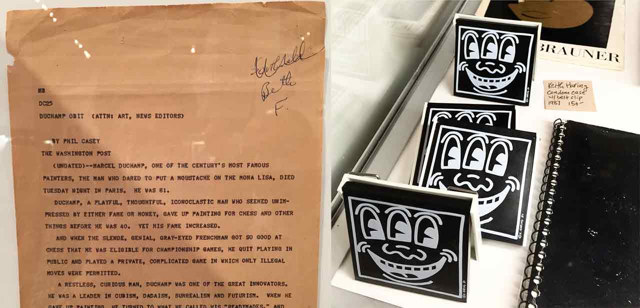 Some of the objects at Monograph Bookwerks including, left, The Washington Post 1968 obituary of Marcel Duchamp, and, right, Keith Haring-designed condom cases with belt clips from 1987.