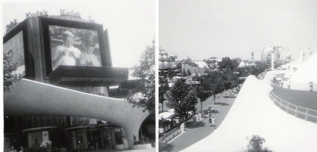 The Kodak pavilion at the 1964 World's Fair, and a view from the top (photographs by Doug Coldwell, via Wikimedia)