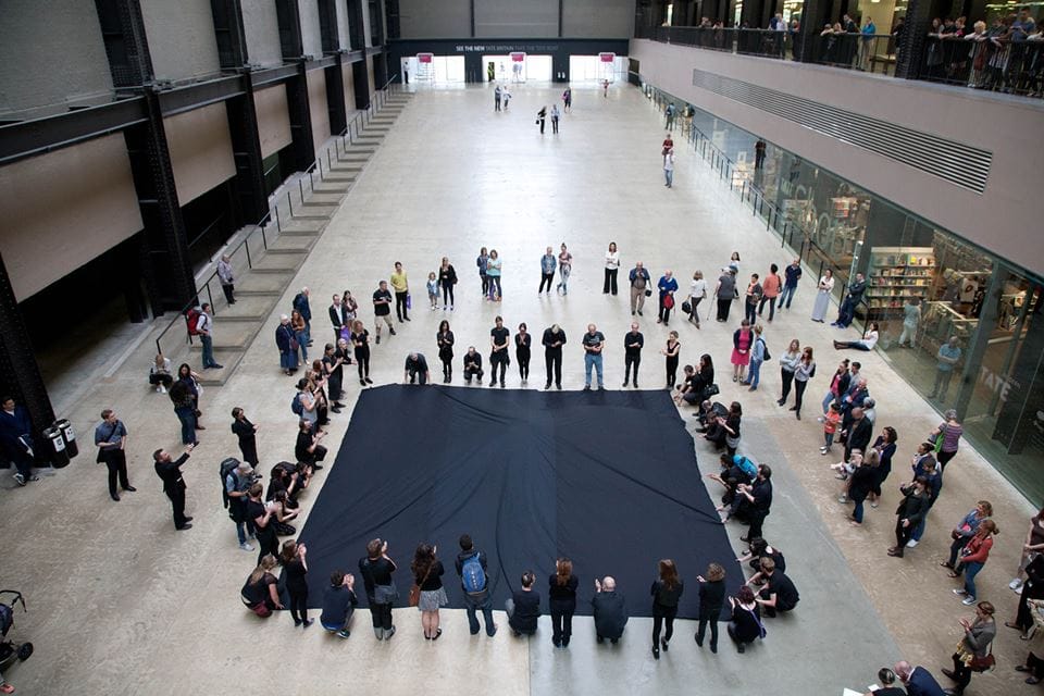 A photo from "Hidden Figures," Liberate Tate's most recent performance intervention at Tate Modern, referencing Kazimir Malevich's "Black Square." (photo via Liberate Tate/Facebook)