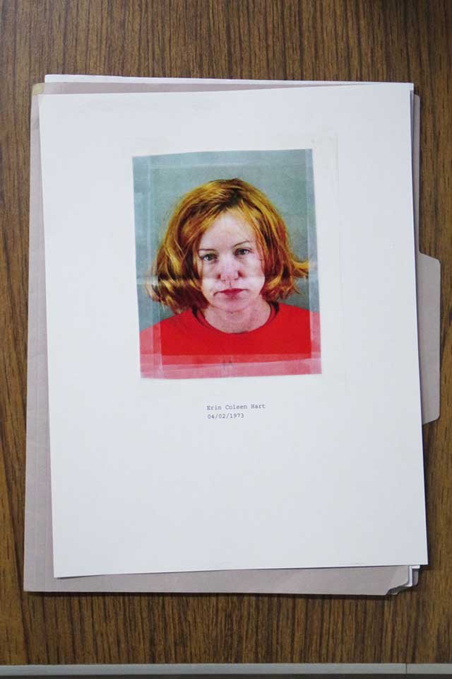Jessamyn Lovell, "Mug shot," from the project 'Dear Erin Hart,' (2012). "After about two years of searching on my own, I decided to hire Pete Siragusa, a private investigator and former San Francisco police officer to help me find Erin Hart. Within just a few days he was able to find her in jail. This is the booking photo he obtained from Erin Hart’s booking for crimes that included my case." (all images courtesy the artist) 
