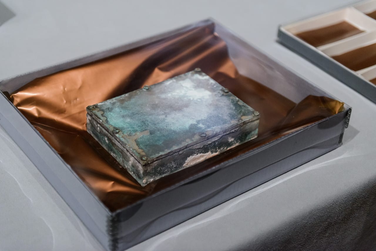 A time capsule found in the cornerstone of the Massachusetts State House building prior to opening. January 6, 2015  (Photo courtesy of Museum of Fine Arts, Boston) 