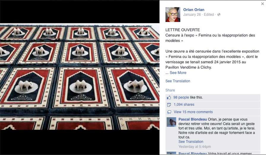 The artist Orlan's Facebook post about the censorship of Zoulikha Bouabdellah's work, with an image of the piece in question, "Silence" on the left (via Facebook)