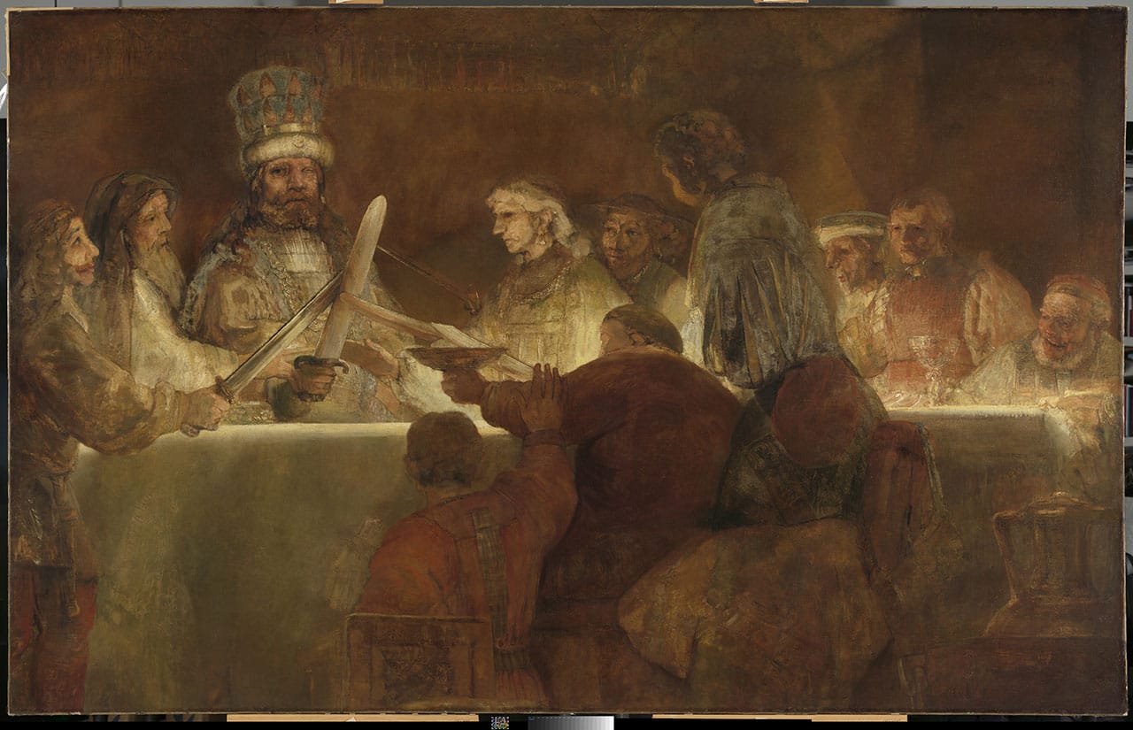 Rembrandt, "The Conspiracy of the Batavians under Claudius Civilis" (about 1661–2), oil on canvas, 196 x 309 cm, The Royal Academy of Fine Arts, Sweden (© Rijksmuseum, Amsterdam)