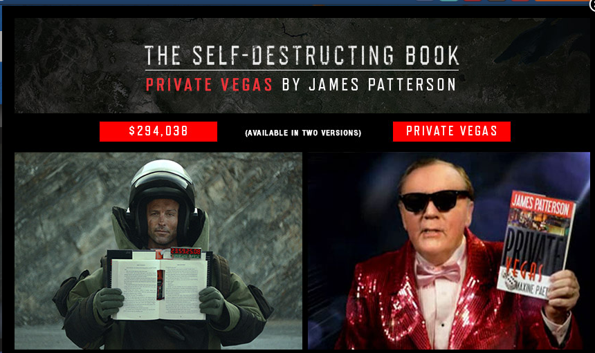 Advertising for James Patterson's "self-destructing" book, via James Patterson's website.