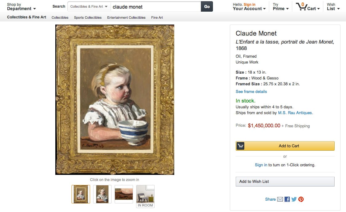 Screenshot of original Amazon.com listing for Monet's L’Enfant a la tasse, portrait de Jean Monet, 1868.