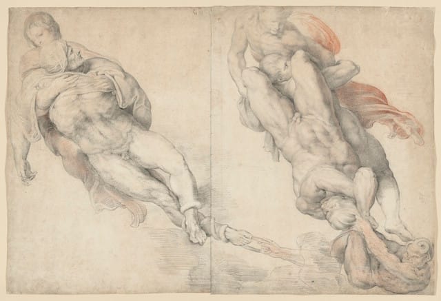 Peter Paul Rubens, "Two nude men dragged down by demons and lifted up by three partly robed figures, after Michelangelo" (date unknown), black and red chalk, stumping, on two sheets of paper, watermark encircled pilgrim (on the left sheet), 18 ¼ x 27 inches (courtesy Christie's)