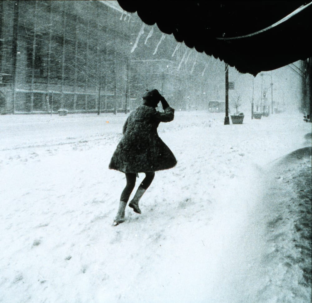 Unknown photographer, "Miniskirts were in style then, but not the best for a snowy, windy night. 16 inches of snow slows the frenetic pace of Manhattan." (February 10, 1969) (via Wikimedia Commons)