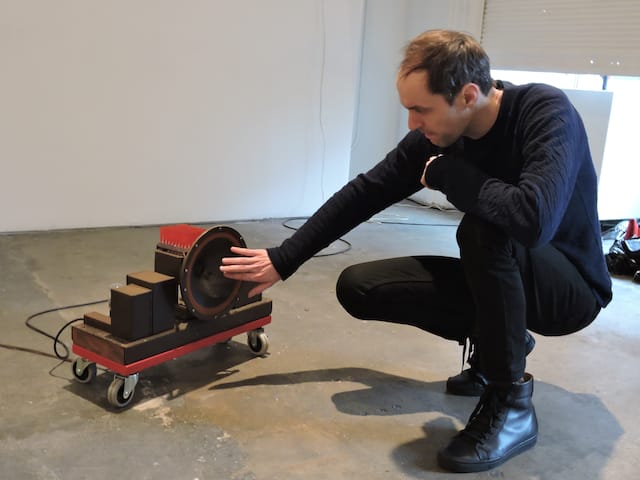 Daniel Neumann and Juan Betancurth "Tube Amp" (2014) (Daniel Neumann pictured with piece) (photo by author)