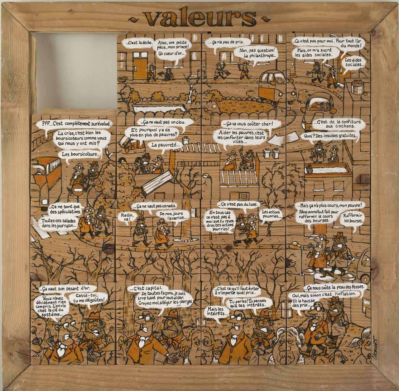 Changing the order of the squares in Stephen Lécroart's “Valeurs” changes the story. (© Etienne Lécroart)