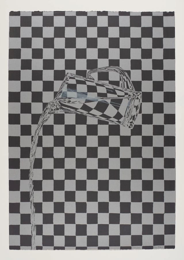 Tim Mara, "Glass Jug" (1983): "A painting of a white wall with a tree or quite possibly black and white photograph of a plant in a wall. It is similar to a map hangs on a wall near a hat and a cane."