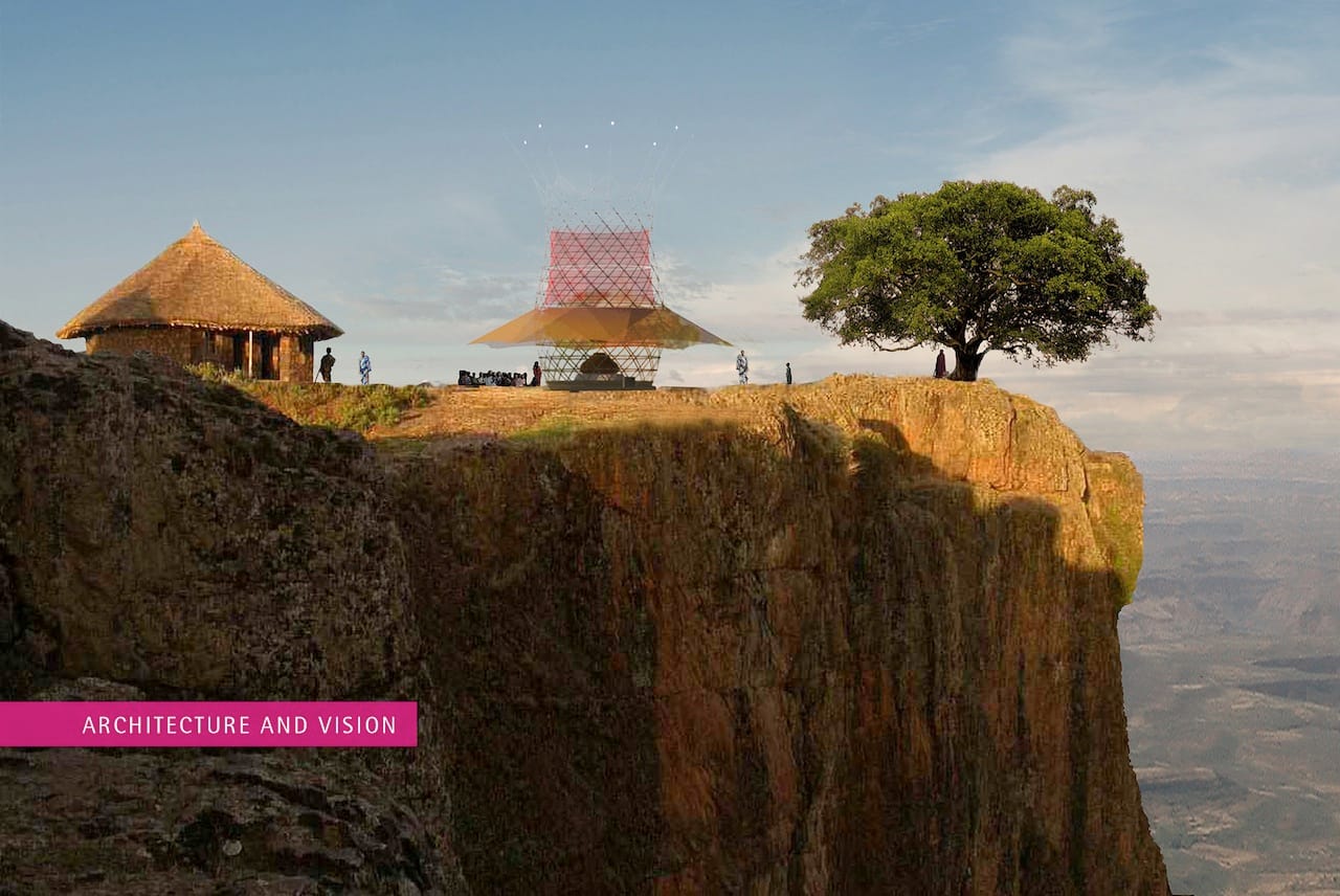 A rendering of how Warka Water towers might fit into a village landscape (image courtesy of Architecture and Vision) 