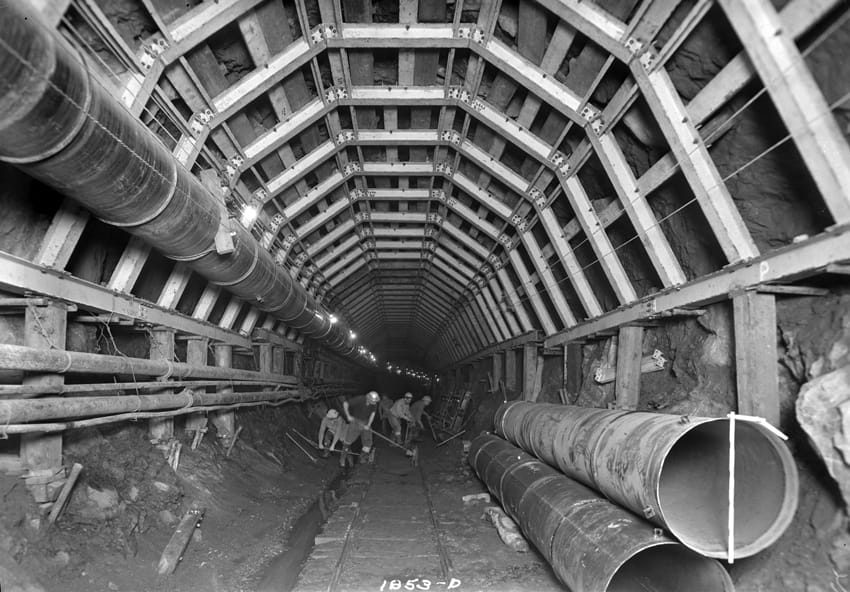 Archival photograph from the construction of the New York water system (New York City Department of Environmental Protection archives, courtesy Queens Museum)