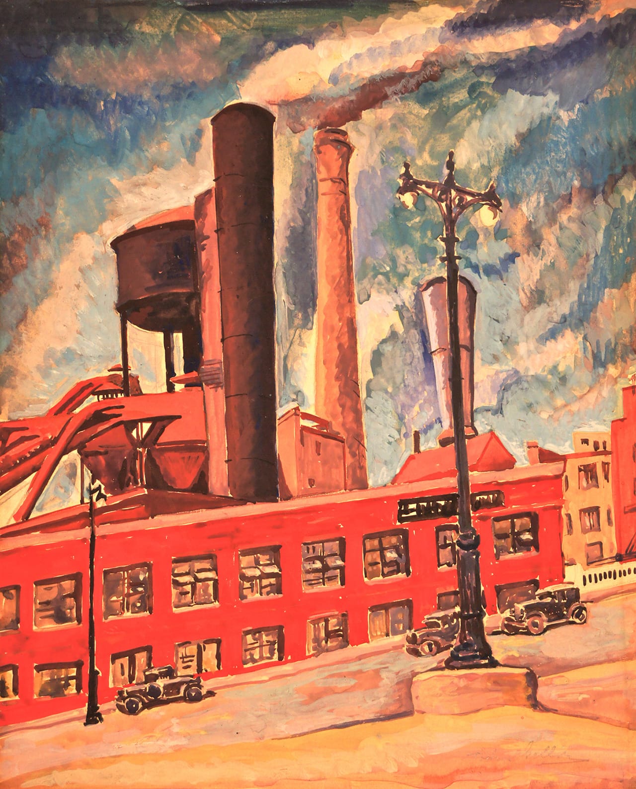 Todros Geller, "Untitled (Factory)" (c.1930), watercolor, 12 x 10 in., Collection of Bernard Friedman