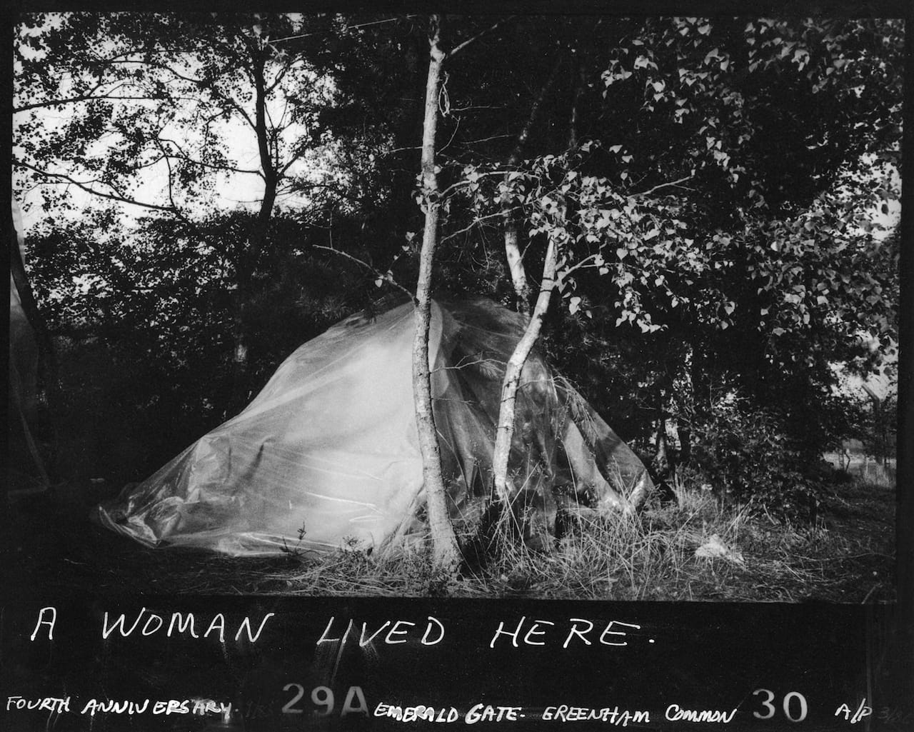 Susan Kleckner, "Untitled (A Woman Lived Here...)", Greenham Common Silver Print Series (1984) (courtesy of the Susan Kleckner Archive, Special Collections and University Archives, W.E.B. Du Bois Library, University of Massachusetts Amherst